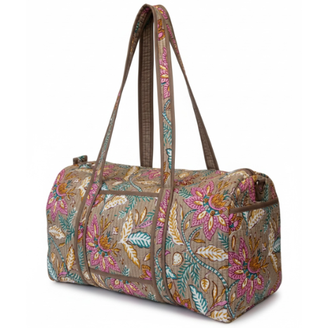 VOYAGE Eloise weekender bag in khaki paisley block-print quilted cotton