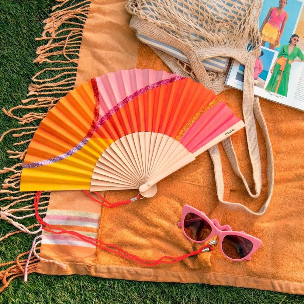 Glitter Hand Fan - Waves Pink, Orange, Red & Yellow