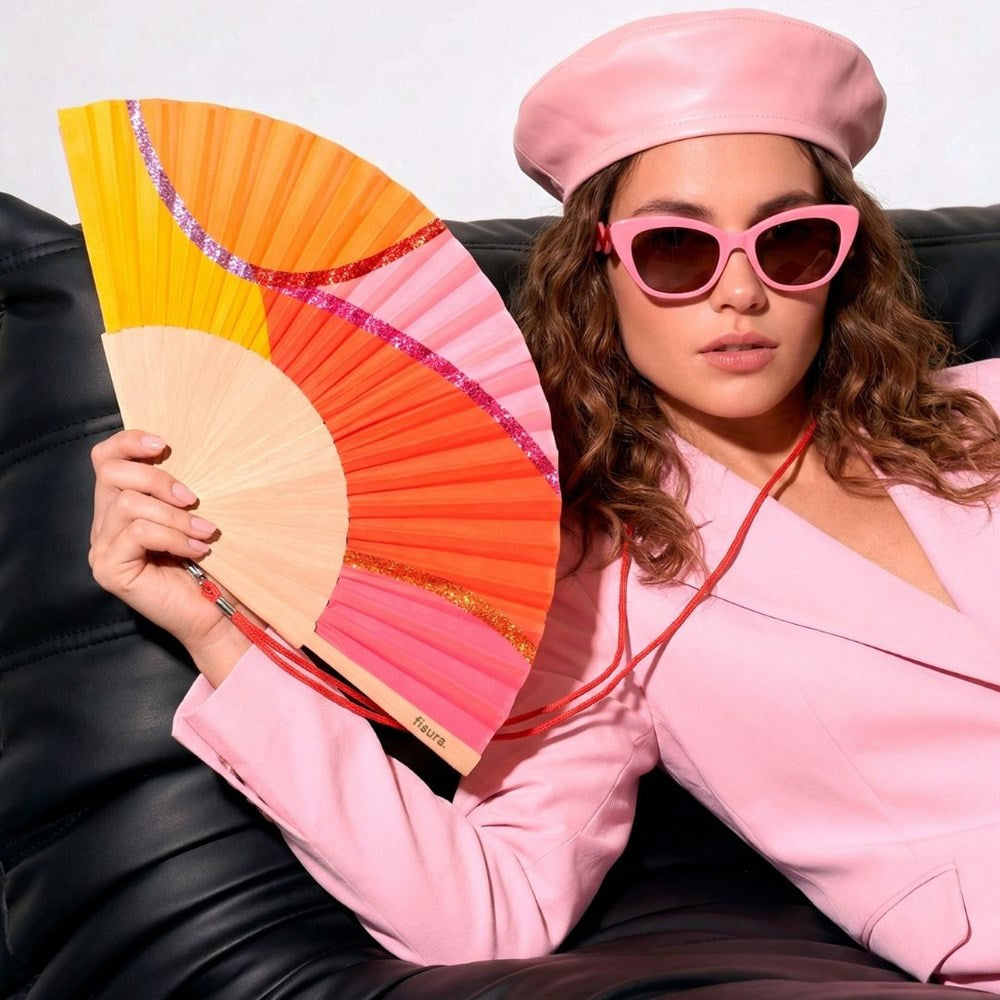 Glitter Hand Fan - Waves Pink, Orange, Red & Yellow