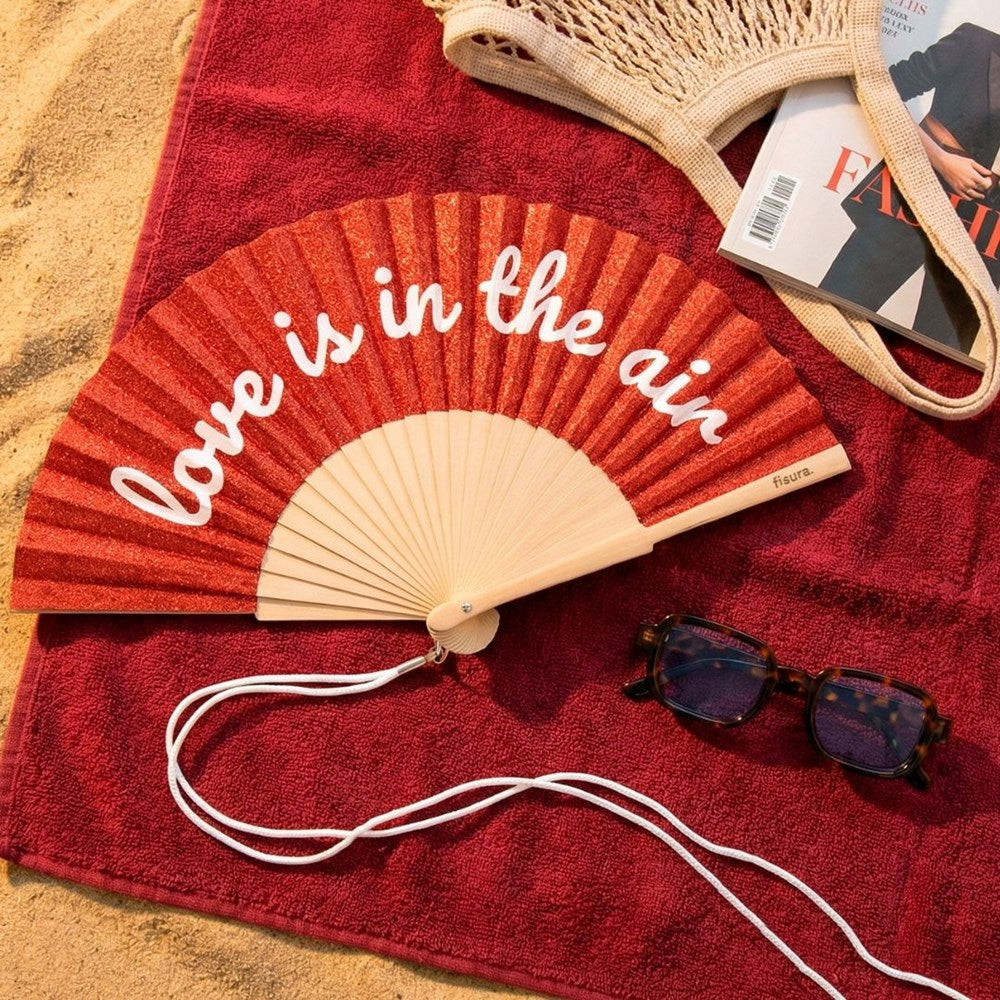 Glitter Hand Fan - "love is in the air" red