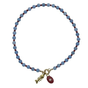 Parisian Cool blue gemstone necklace with red and fish pendants