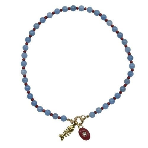 Parisian Cool blue gemstone necklace with red and fish pendants