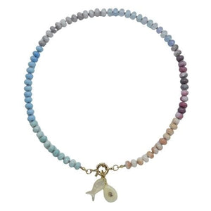 Parisian Cool multicolour gemstone necklace with mother of pearl and fish pendants