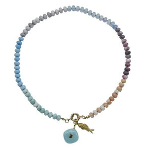 Parisian Cool multicolour gemstone necklace with turquoise and fish pendants