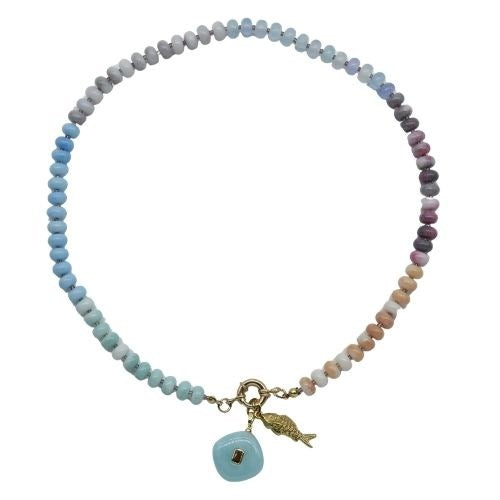 Parisian Cool multicolour gemstone necklace with turquoise and fish pendants