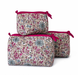 VOYAGE Fleur set of 3 toiletry and makeup bags in magenta floral block-print quilted cotton