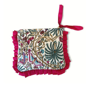 VOYAGE Fleur mini ruffle pouch in magenta floral block-print quilted cotton with knotted zip pull