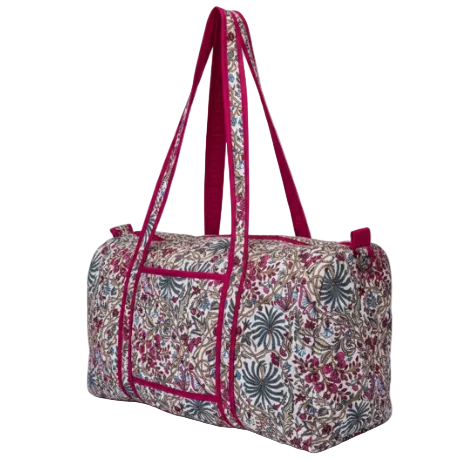 VOYAGE Fleur weekender bag in magenta floral block-print quilted cotton