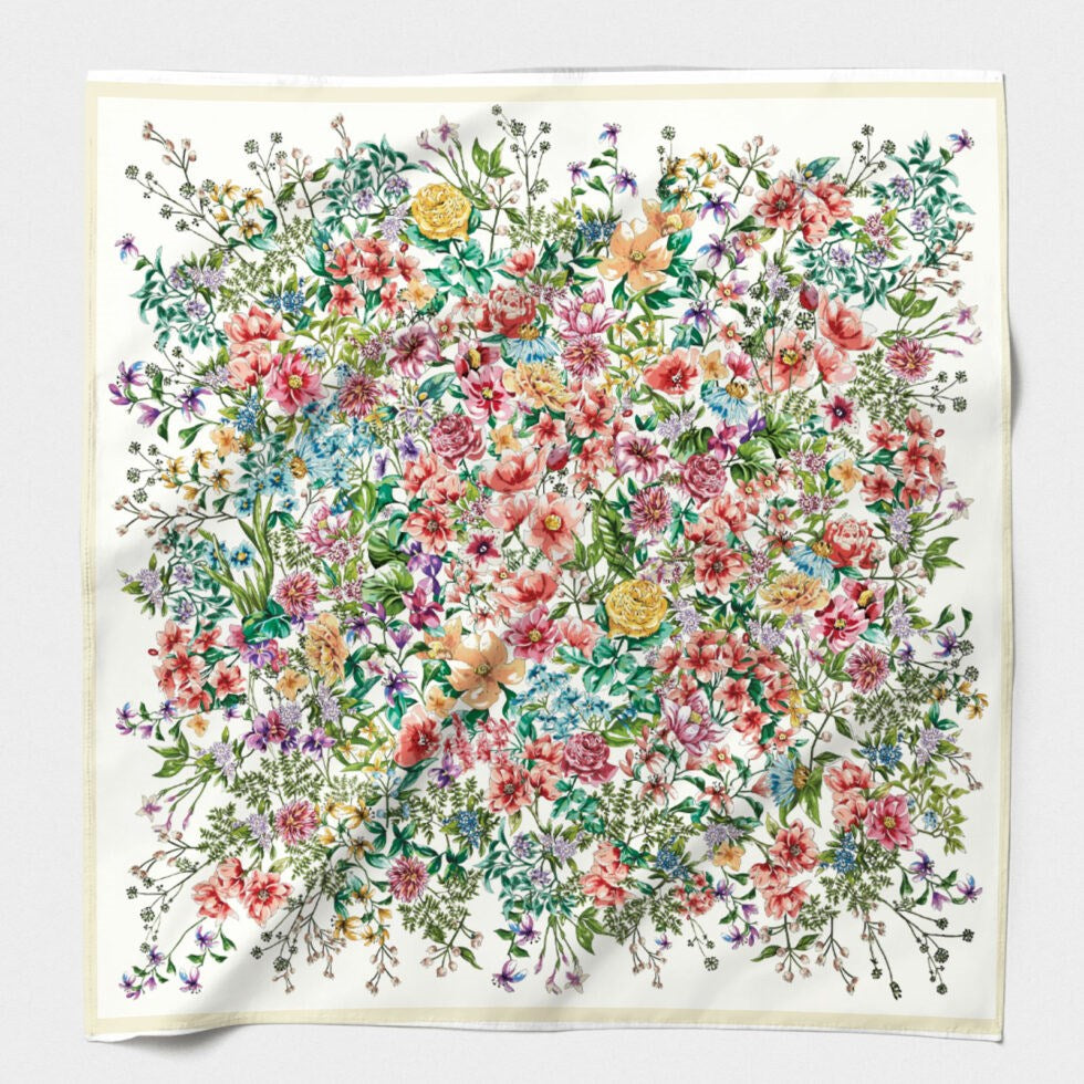 MAISON FANLI Floral Bouquet Red cotton and silk scarf 140x140cm with floral print