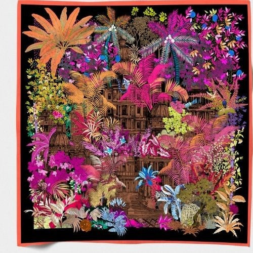 MAISON FANLI Silk Scarf 50x50cm Forgotten Temple Pink