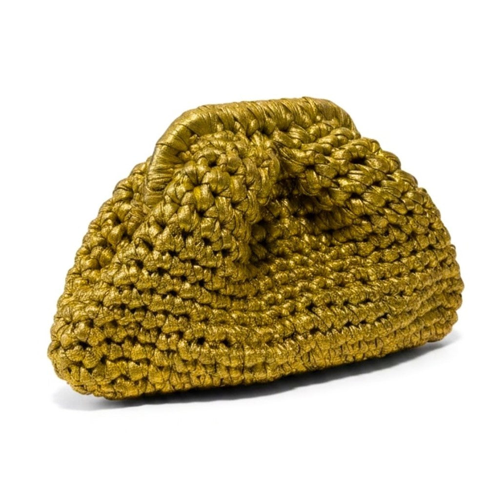 Capri gold metallic crochet clutch bag with soft pouch shape
