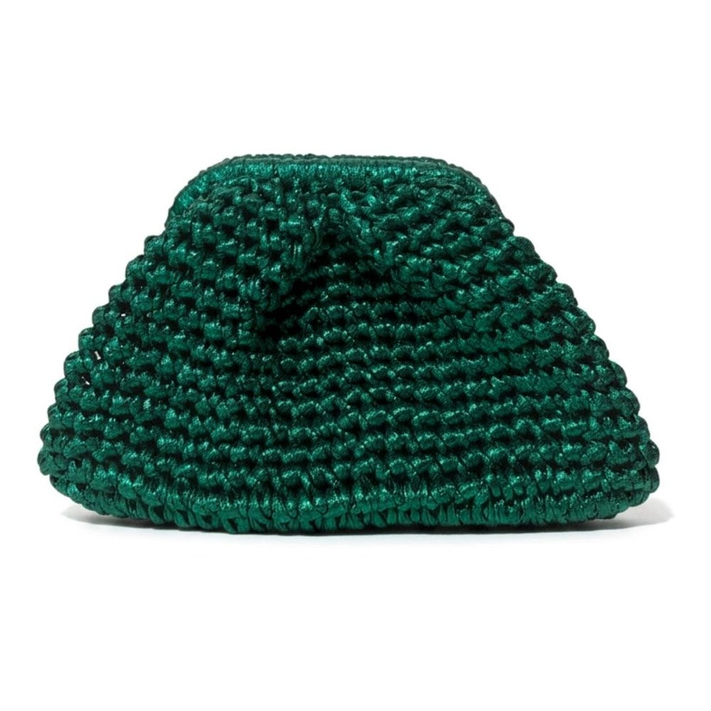 Capri green metallic crochet clutch bag with soft pouch shape