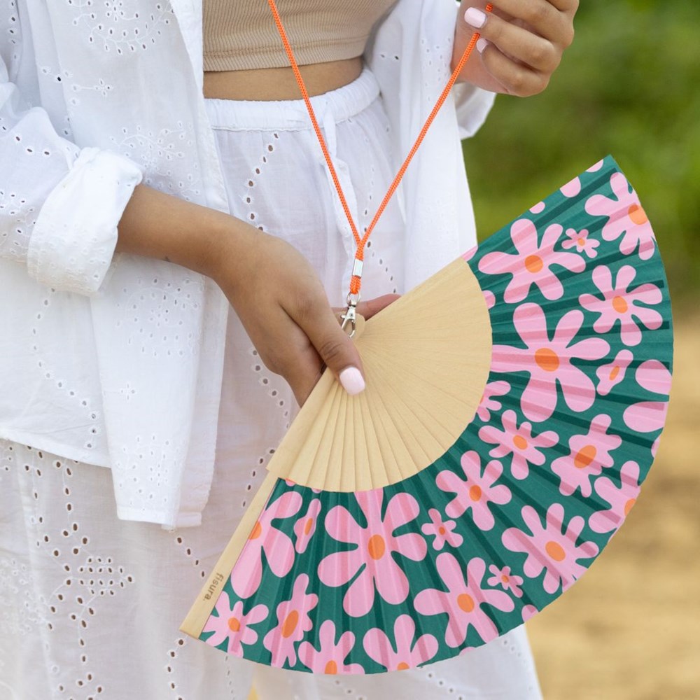 Hand Fan w/Gift Box "Pink & Green Flowers"