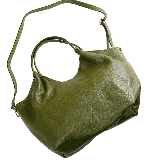 Hector large Khaki supple grained leather  bag by Maison Fanli Paris with rounded handles and removable shoulder strap