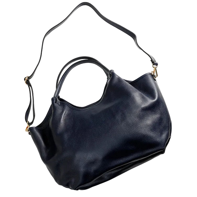 Hector large Navy supple grained leather  bag by Maison Fanli Paris with rounded handles and removable shoulder strap