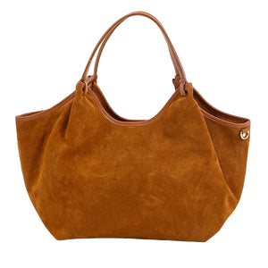 Hector large Camel suede leather bag by Maison Fanli Paris with rounded handles and removable shoulder strap