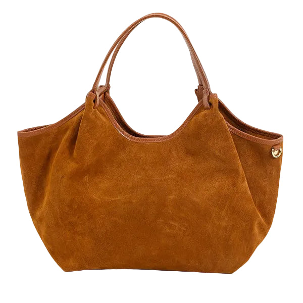 Hector large Camel suede leather bag by Maison Fanli Paris with rounded handles and removable shoulder strap