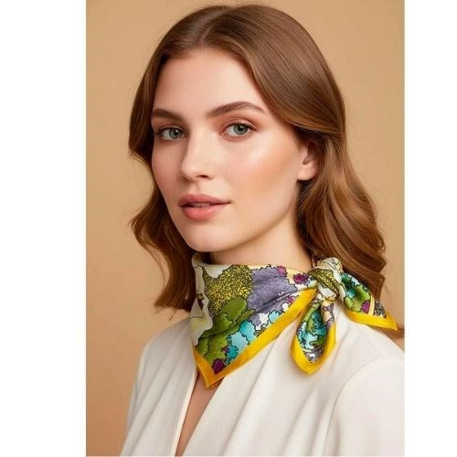 MAISON FANLI Silk Scarf 50x50cm  - Enchanted Horse Mustard