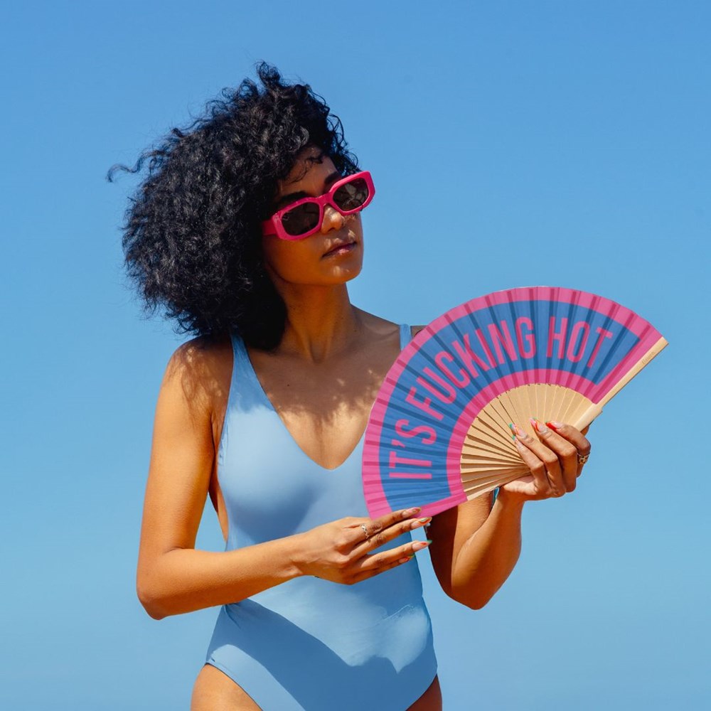 Hand Fan w/Gift Box 'It's fucking hot’ pink and blue