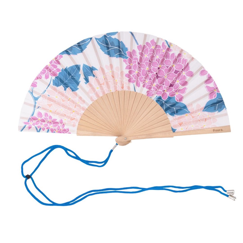 Fisura hand fan shown open, featuring Hydrangea design on bamboo ribs with a cord