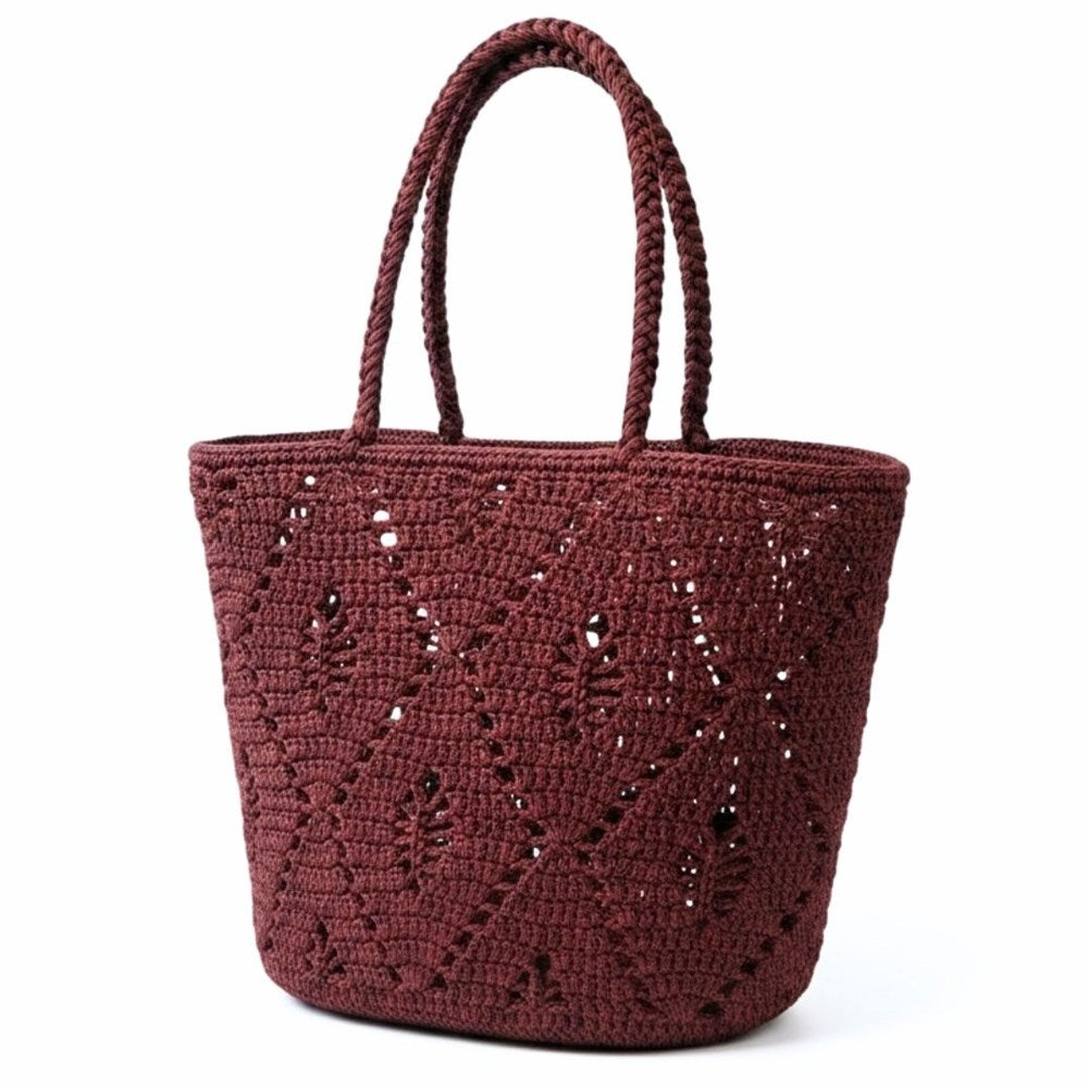 Josephine burgundy crochet tote bag with long shoulder handles and openwork diamond pattern