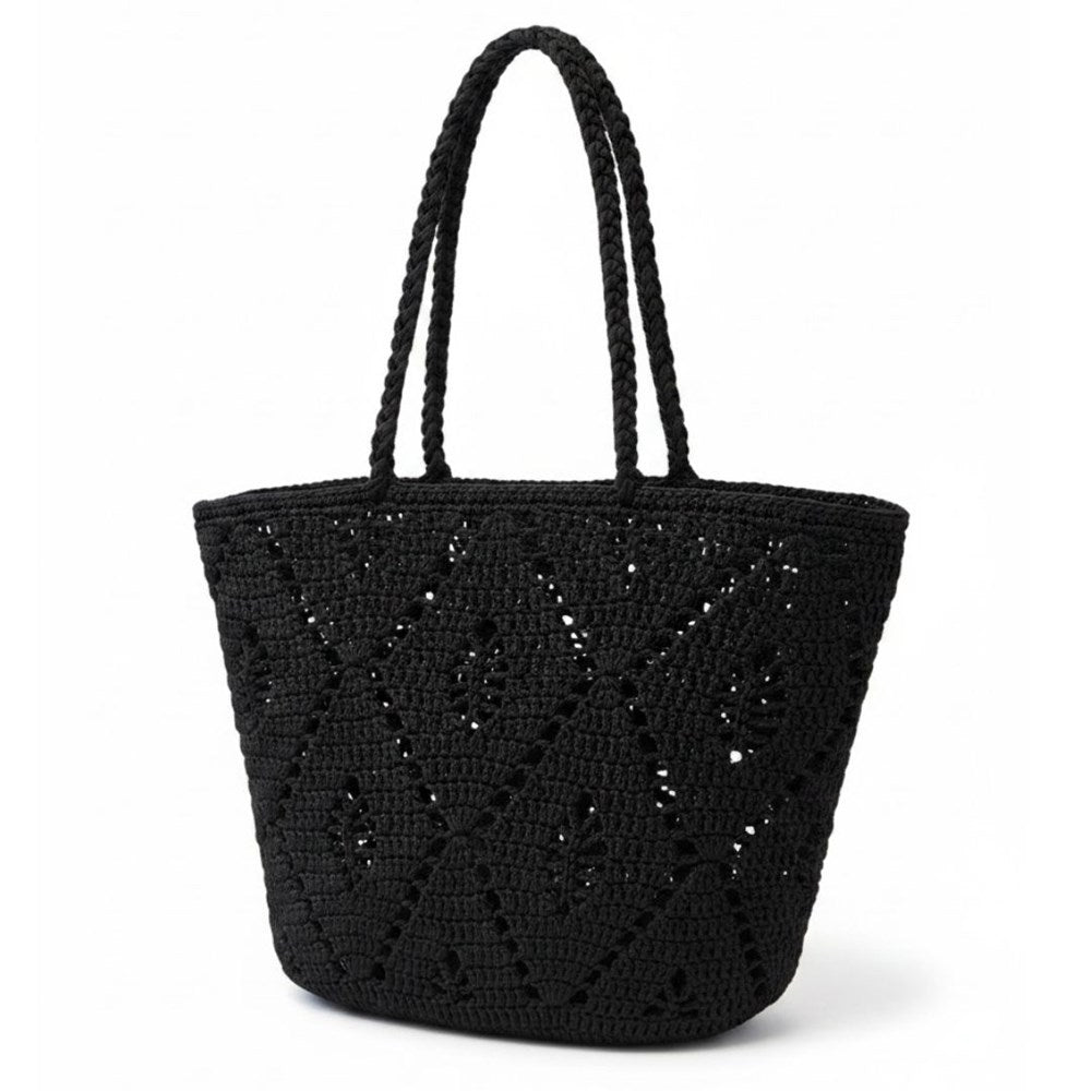 Josephine black crochet tote bag with long shoulder handles and openwork diamond pattern