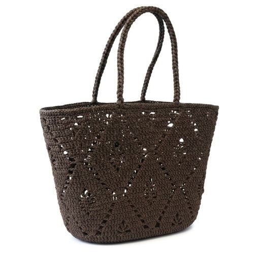 Josephine chocolate brown crochet tote bag with long shoulder handles and openwork diamond pattern