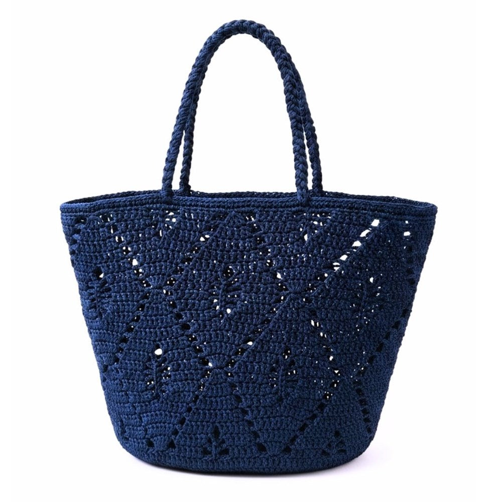 Josephine indigo blue crochet tote bag with long shoulder handles and openwork diamond pattern