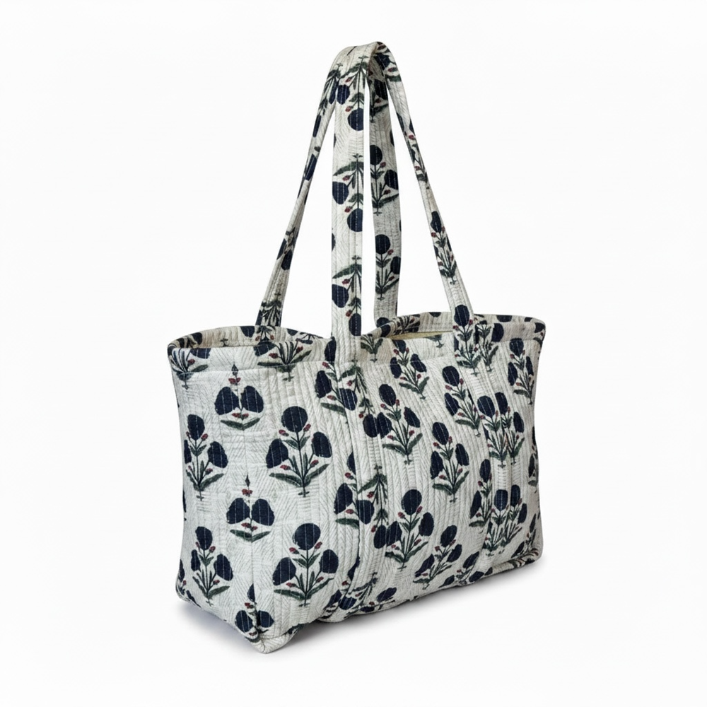VOYAGE Joy large tote bag in white and navy floral block-print quilted cotton