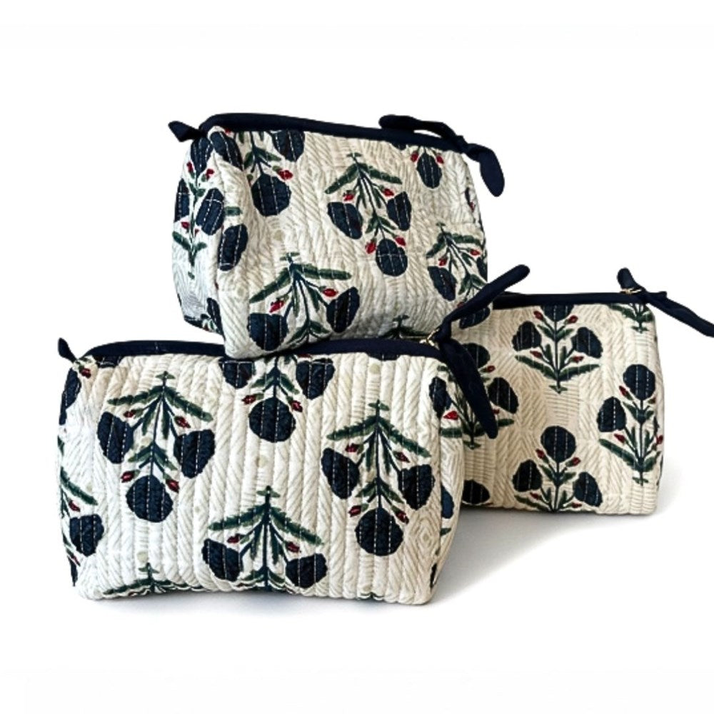 VOYAGE Joy set of 3 toiletry and makeup bags in white and navy floral block-print quilted cotton