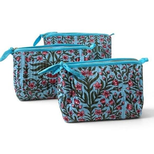 VOYAGE Lou set of 3 toiletry and makeup bags in aqua and pink floral block-print quilted cotton