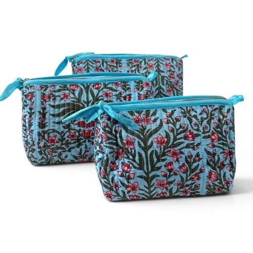 VOYAGE Lou set of 3 toiletry and makeup bags in aqua and pink floral block-print quilted cotton