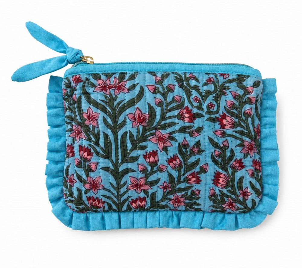 VOYAGE Lou mini ruffle pouch in aqua and pink floral block-print quilted cotton with knotted zip pull