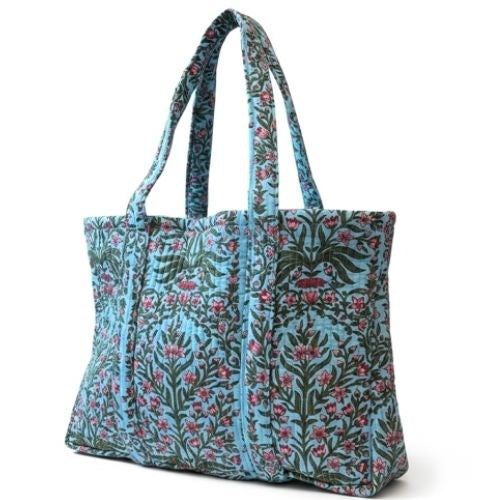 VOYAGE Lou large tote bag in aqua and pink floral block-print quilted cotton