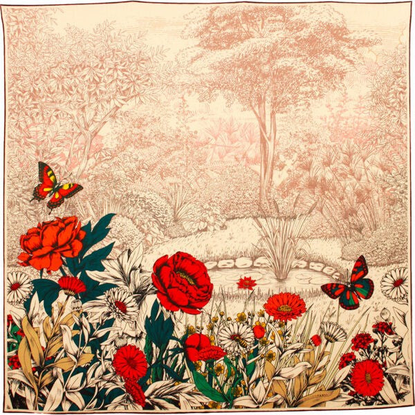 MAISON FANLI Wool & Silk Scarf 70x70cm - Pivoines Orange