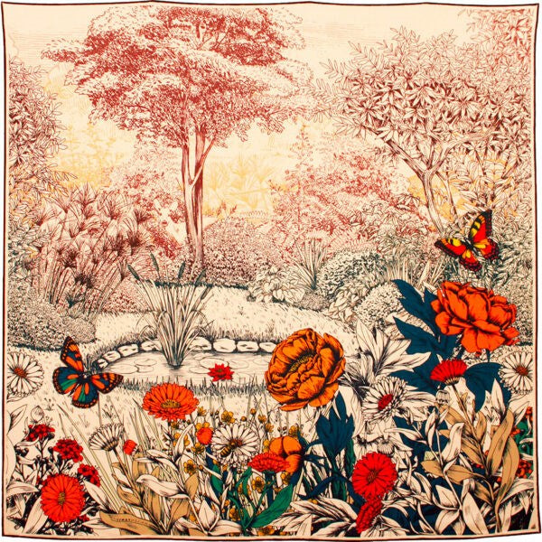 MAISON FANLI Wool & Silk Scarf 110x110cm - Pivoines Orange