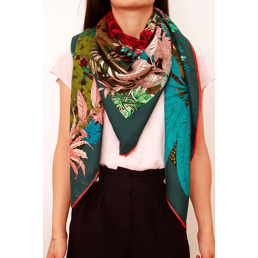 MAISON FANLI Wool & Silk Scarf  110x110cm - Forgotten Temple Green