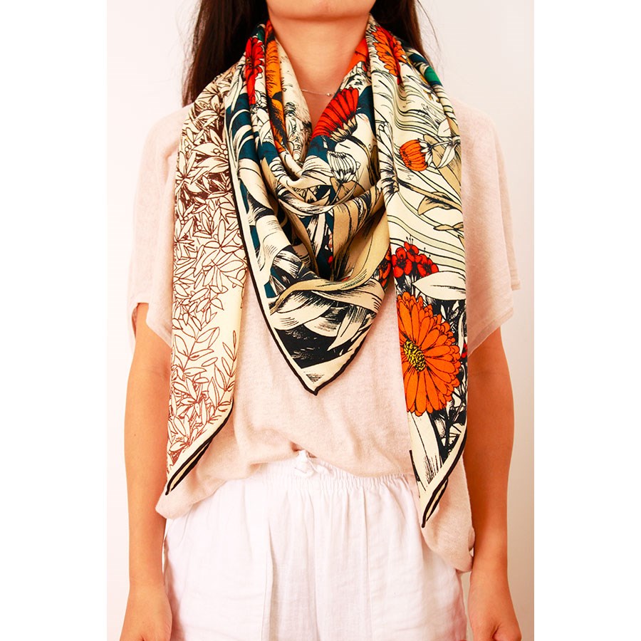 MAISON FANLI Wool & Silk Scarf 110x110cm - Pivoines Orange