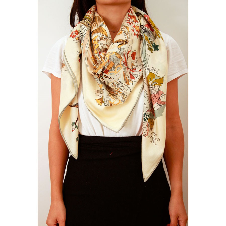 MAISON FANLI Wool & Silk Scarf 110x110cm - Romantic Paris Cream