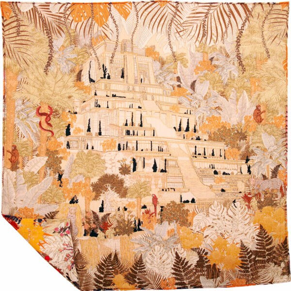 MAISON FANLI Wool & Silk Scarf 110x110cm - Tropical Temple Multicolour
