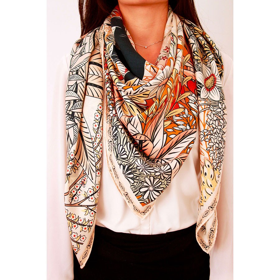 MAISON FANLI Wool & Silk Scarf 110x110cm - Heloise Panther Night Beige