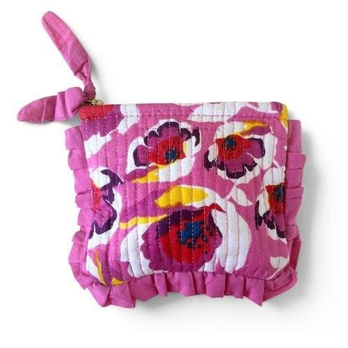 VOYAGE Milly mini ruffle pouch in pink and red floral block-print quilted cotton with knotted zip pull