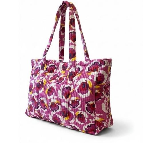 VOYAGE Milly large tote bag in pink and red floral block-print quilted cotton