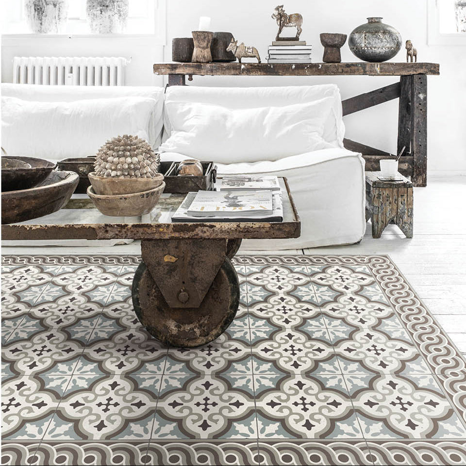 Beija Flor vinyl rug Mountain placed on the floor in a styled indoor setting.
