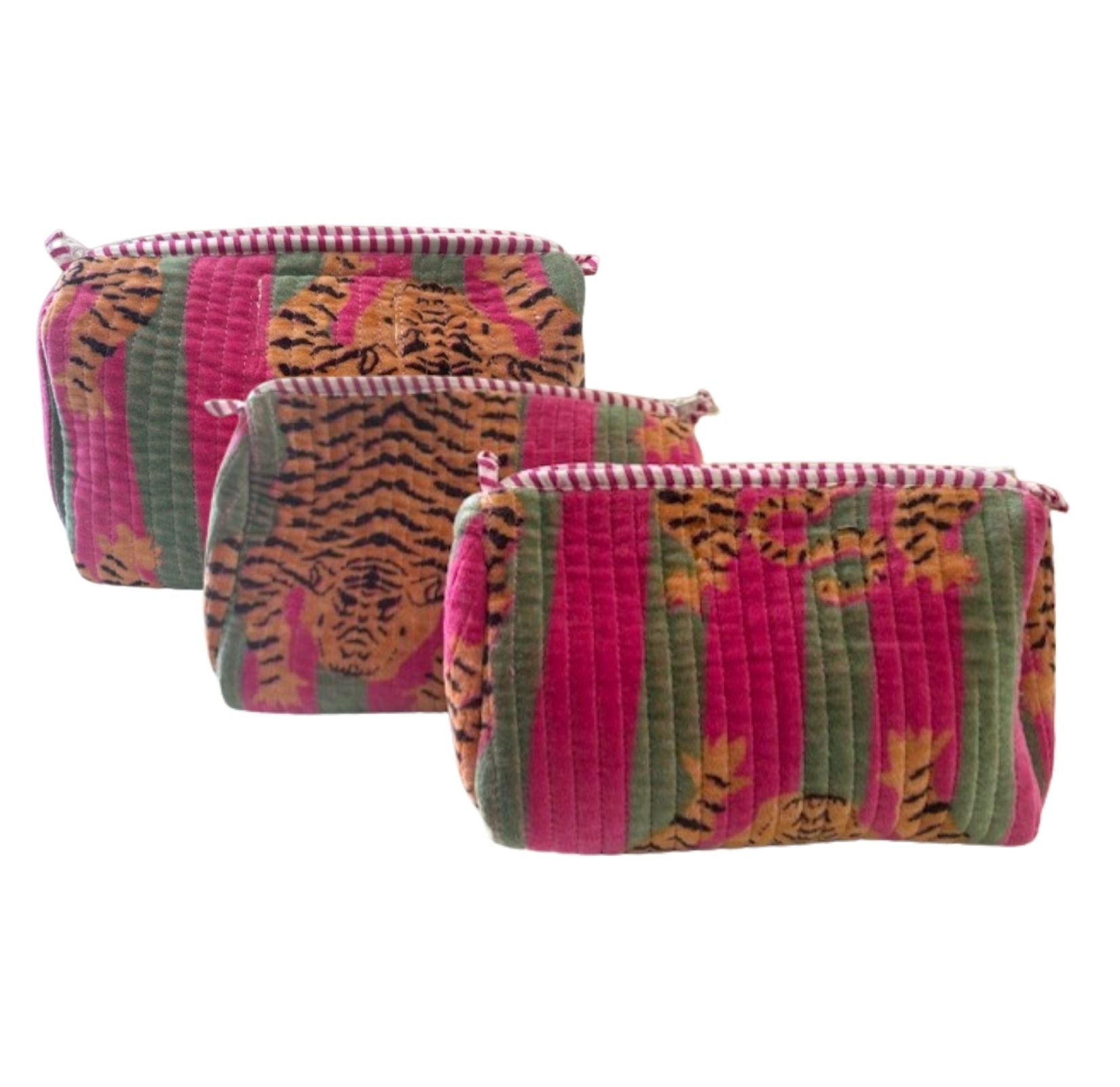 PARISIAN COOL Tiger Pink Green Stripes Set of 3 Velvet Pouches