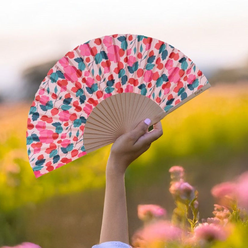 Fisura hand fan shown open with printed design "Pink & Red Poppies".