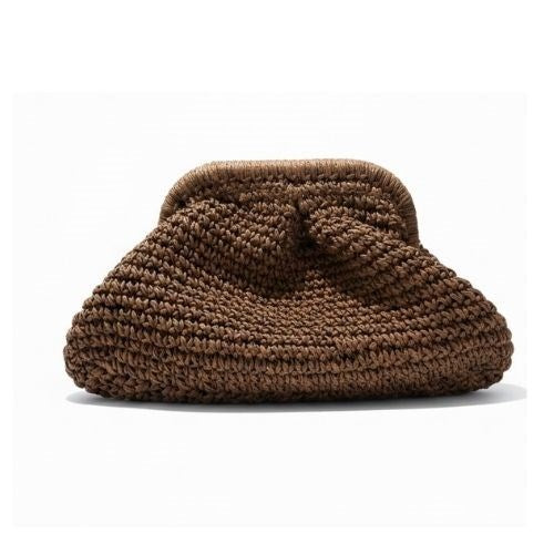 Capri chocolate raffia crochet clutch bag with soft pouch shape