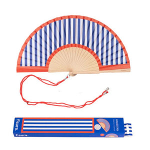 Fisura hand fan shown open with printed design "Red and Blue Stripes".