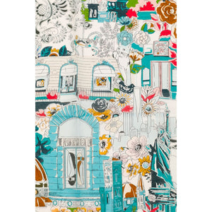 MAISON FANLI Romantic Escapade Turquoise cotton and silk scarf 140x140cm with illustrated print