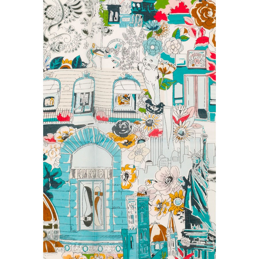 MAISON FANLI Romantic Escapade Turquoise cotton and silk scarf 140x140cm with illustrated print